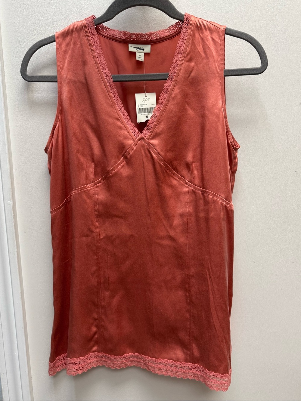 J. Jill Blush Satin V-Neck Tank with Pink Lace Trim